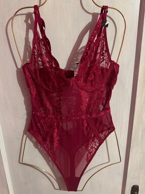 La SENZA Deep Red Lace Mesh Thong Bodysuit